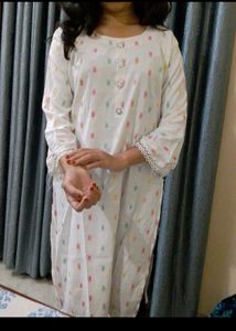 white printed cotton mix rayon kurti long straight