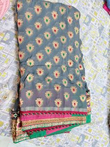 Gray Floral Print Cotton Saree