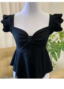 Black Textured Puff Sleeve Top