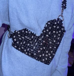 Heart shape Black And White Beaded Bag