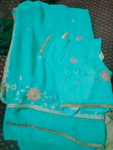 Teal Embellished Saree with Blouse