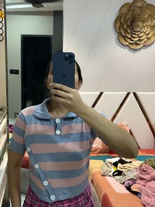 Blue And Pink Stripe Top With Side Button