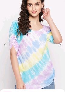 Tye Dye Print Rayon Top With Elastic Sleeves