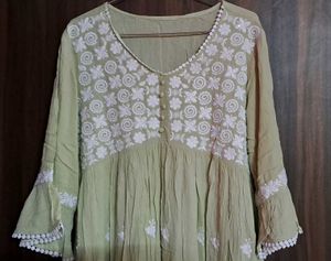 Pastel Green Chikankari Style Kurti with White Emb