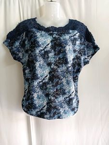 Blue Printed Top With Lace &amp; Bead Work On Shoulder