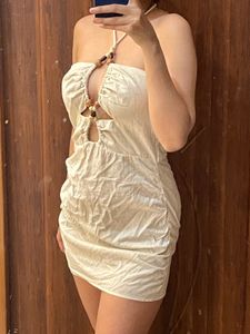 Cream Halter Ruched Mini Dress with Bead Detailing
