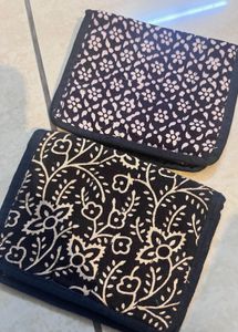Set Of 2 Cotton Fabric Pouches With 3 Pockets