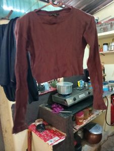 Brown Ribbed Long Sleeve Top