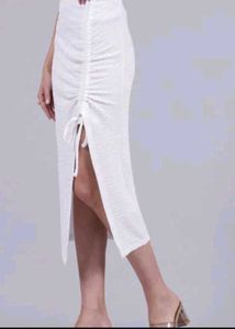 White Ruched Drawstring Midi Skirt