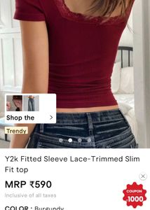 Y2K Burgundy Ribbed Lace Trim Slim Top