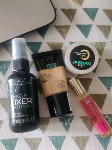 4 Products Swiss Beauty Makeup Fixer IBA Perfume M Caffeine Lip Mask Maybelline Foundation