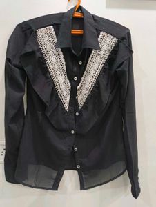 Elegant Black Shirt with White Lace Accent