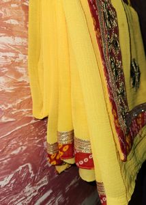 Yellow Marbel Fabric Saree With Gota Work