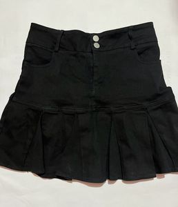 Black Denim Pleated Skirt