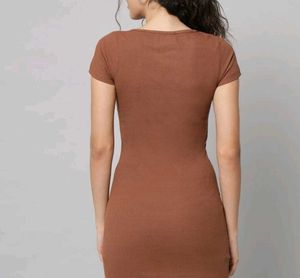 Brown Ribbed Bodycon Mini Dress