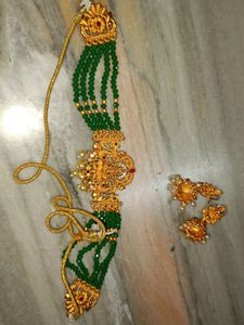 Laxmi Motiv Gold Plated Green Colour Necklace