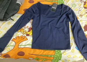 Shein  square neck navy blue Long Sleeve Top