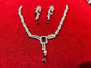 American Diamond Red &amp; Silver Jewelry Set NewWdtag