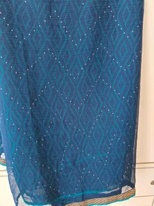 Dark Blue Saree, Two Designs On Each Half