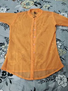 Orange Sheer Button-Up Top
