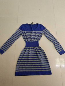 "Blue and Gray Striped Knit Dress"