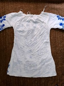 Bohemian White Cotton Top with Blue Embroidery