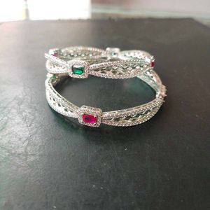 Pure Sterling Silver Pink&Green CZ Bangles 1 Pair.