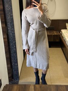 free size Ribbed Knit tie up Midi Dress