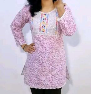 Floral Print Short Kurti with Embroidery