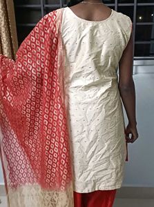 elegant red and creame kurta set