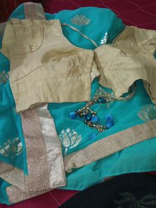Teal &amp; Gold Sari with Blouse