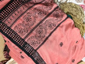 Elegant Pink Saree with Black Paisley Embroidery