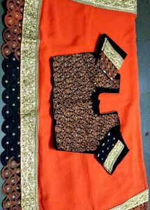 New Orange & Black Embroidered Saree With Blouse