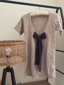 Cute Beige Knit Top with Bow
