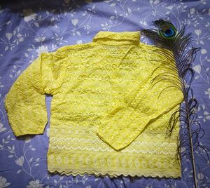 Yellow Cotton Thread Work Crop Top/Shirt