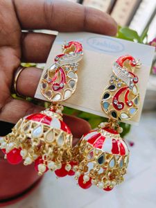 Peacock Meenakari Red/Black Jhumka Earrings