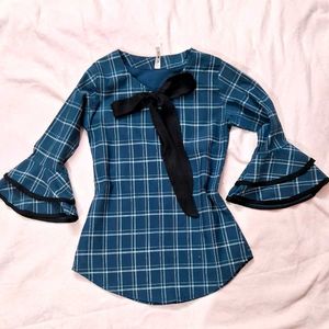 Checked Tie Up Neck Top