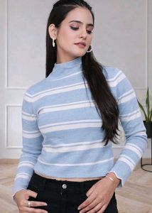 Blue Striped Mock Neck Top