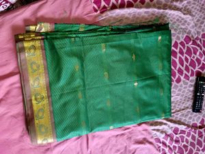 Green Silk Saree with Gold Border