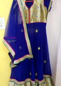 Elegant Blue &amp; Gold Anarkali With Dupatta