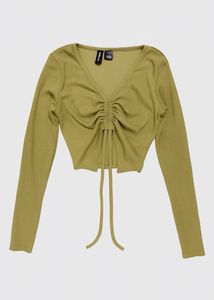 Olive Ribbed Tie Front Top