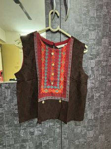 Brown Sleeveless Top with Embroidery M Size