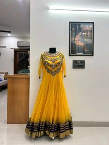 Yellow Anarkali With Blue Duppata