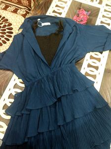 Multi Ruffle 2 Piece Dress In Peacock Blue Colour