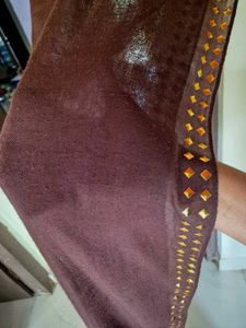 Luxury Brown Woolen Shawl with Gold Embellishments