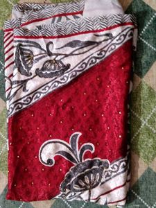 Embroidered Red &amp; white ethnic Saree🤍