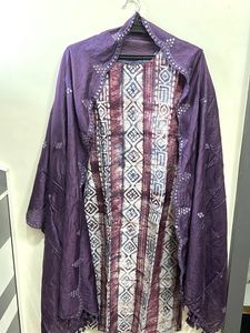 Purple Batik Print Top &amp; Pants Set With Dupatta