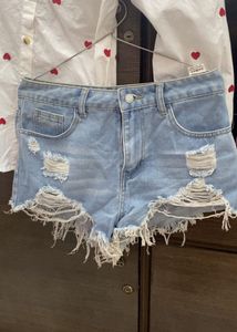 Heart Pattern Top &amp; Denim Shorts