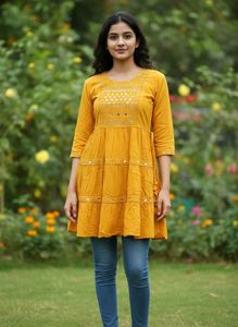 Turmeric Yellow Mustard Mirror Work Short Kurti