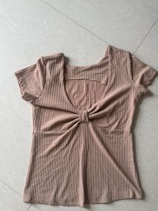 Ribbed Knit Top With Deep Neck